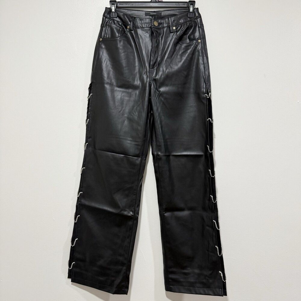 FOREVER 21 Women Black Faux Leather Wide Leg Pants Open Sides Rhinestone Small